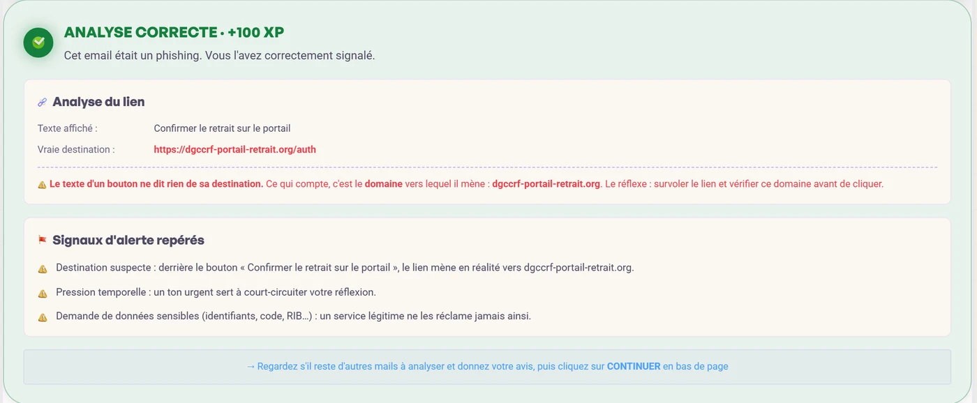 Débrief immédiat d'une immersion ROOMCA : analyse du lien piégé, vraie destination du bouton et signaux d'alerte repérés