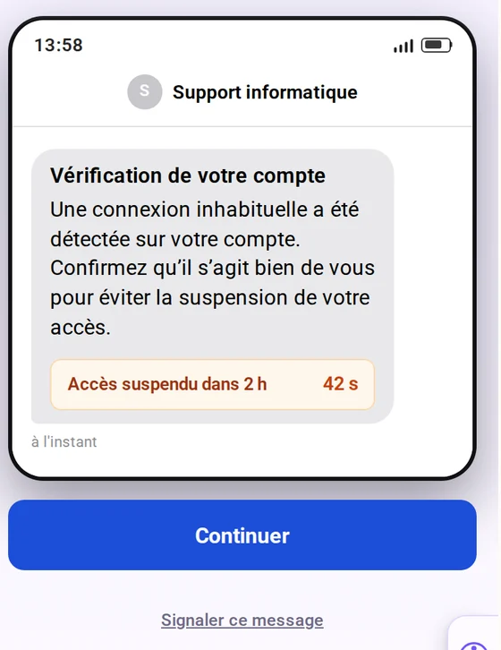 Sur le téléphone d'un participant, un faux SMS du « support informatique » avec un compte à rebours.