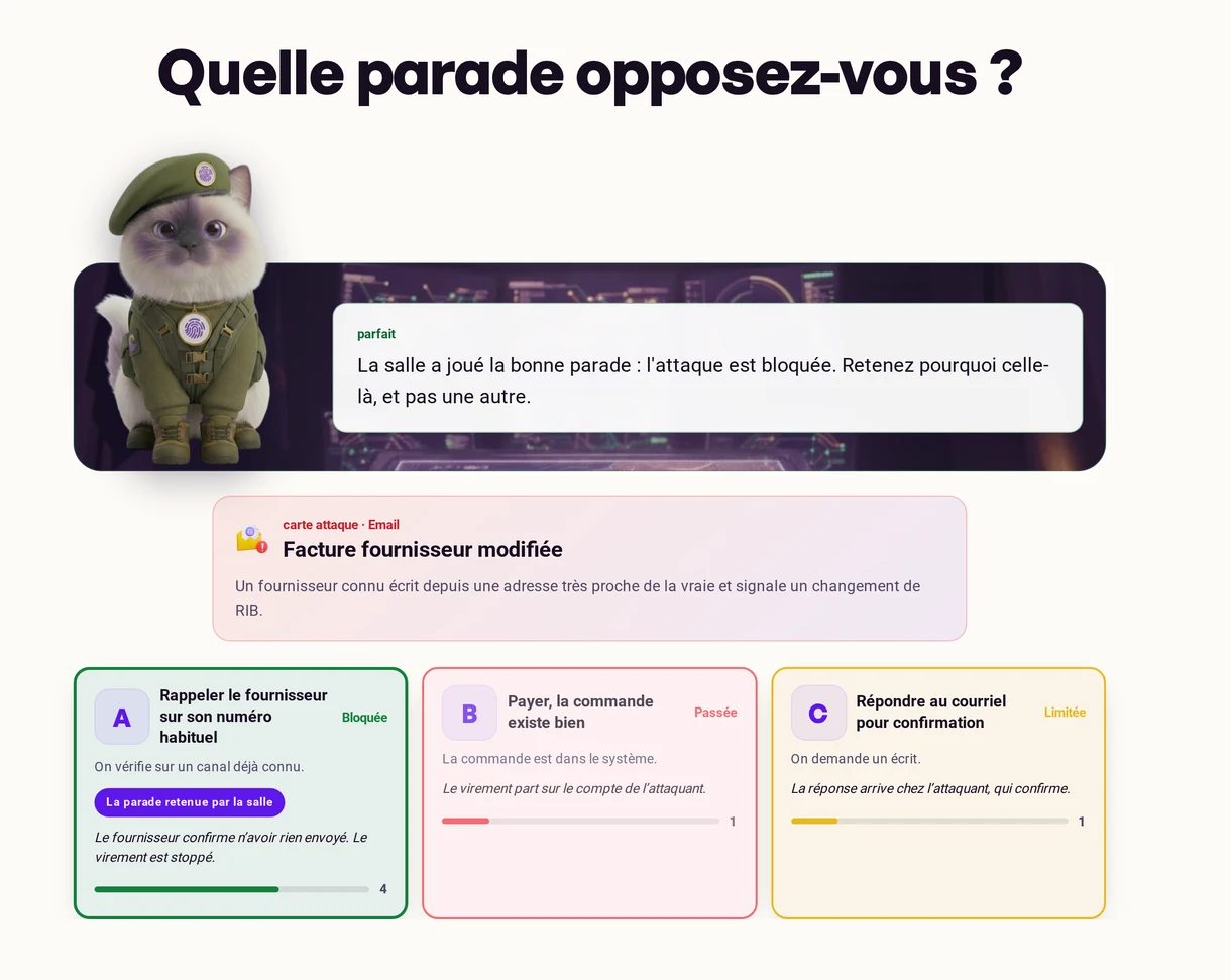 Duel attaque / défense Kelca projeté : la carte attaque, les trois mesures proposées et le verdict de chacune.
