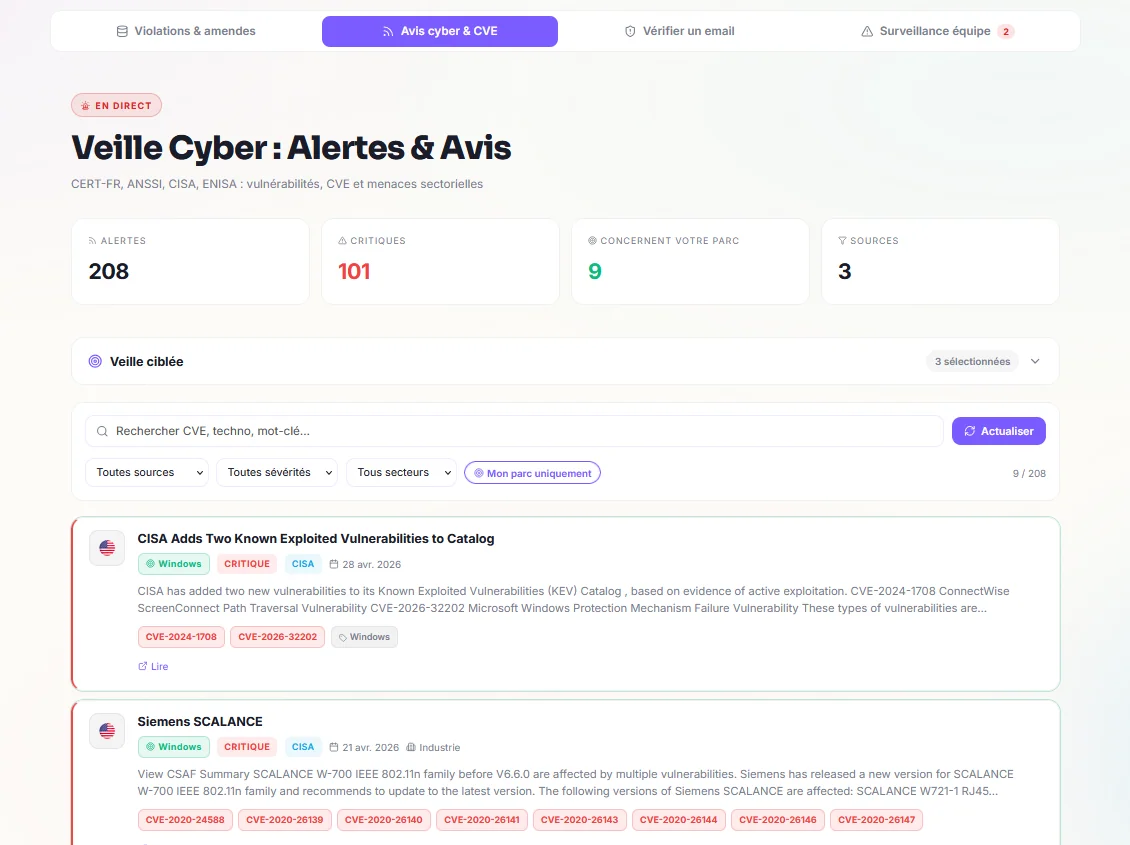 Roomy Watch : alertes CERT-FR, ANSSI, CISA, ENISA et CVE, filtrées sur votre parc.